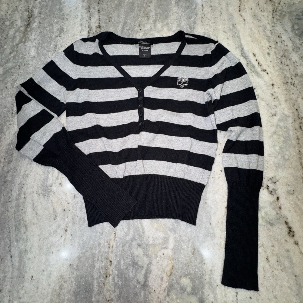 Y2K Social Collision Stripped Knit Henley Sweater Punk Grunge Skull Sz L Womens